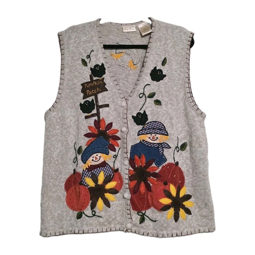 Vtg Bobbie Brooks Fall Pumpkin Patch Sweater Vest Womens XL Scarecrow Crows 90s